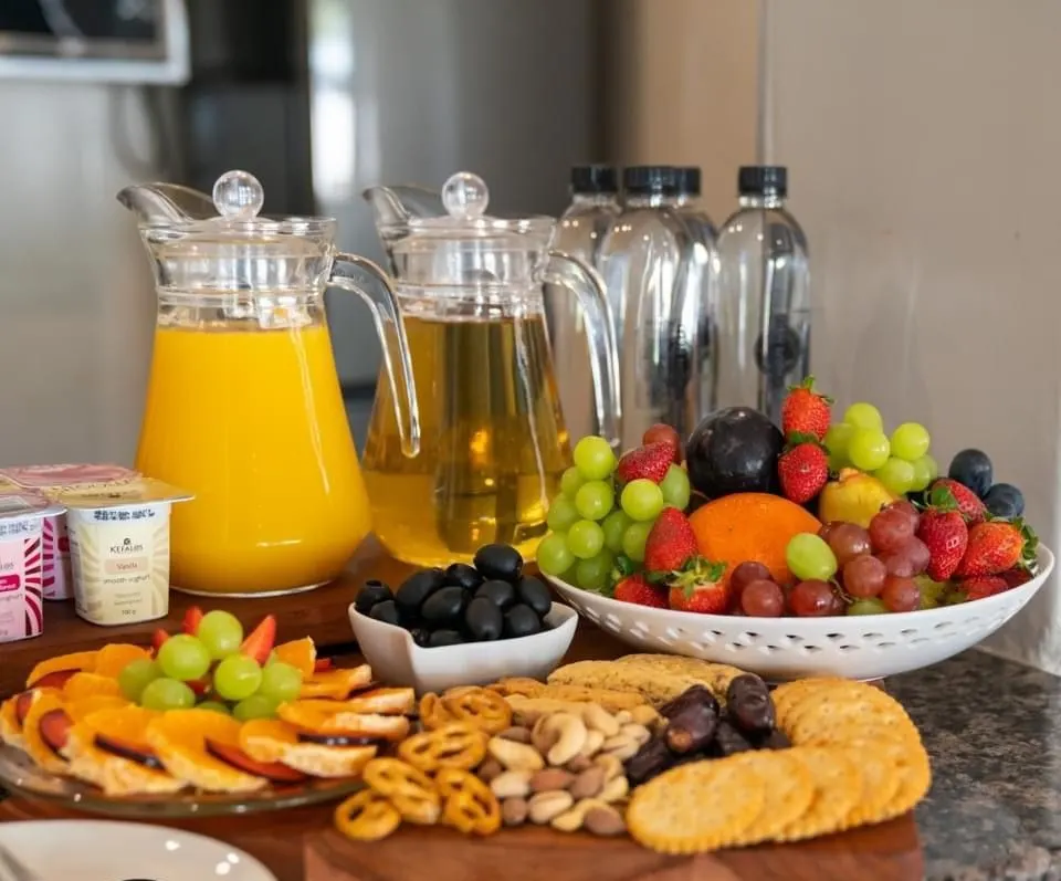 Continental breakfast spread on a granite counter: jugs of orange and apple juice, bottled water, fruit yoghurts, a bowl of grapes, strawberries, oranges and plums, black olives, and a wooden board of fruit slices, pretzels, nuts, dates and crackers